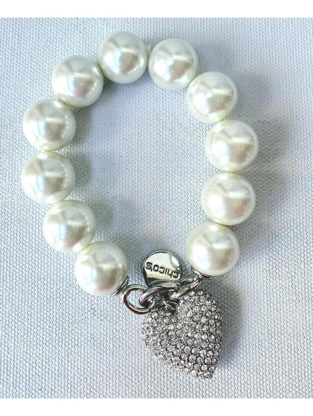 Chico’s Faux Pearl Bracelet Pavé Heart Charm Stretch